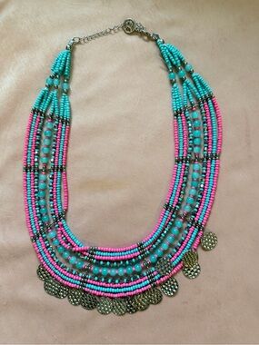 Beaded Statement Necklace - Turquoise & Hot Pink - Unbranded